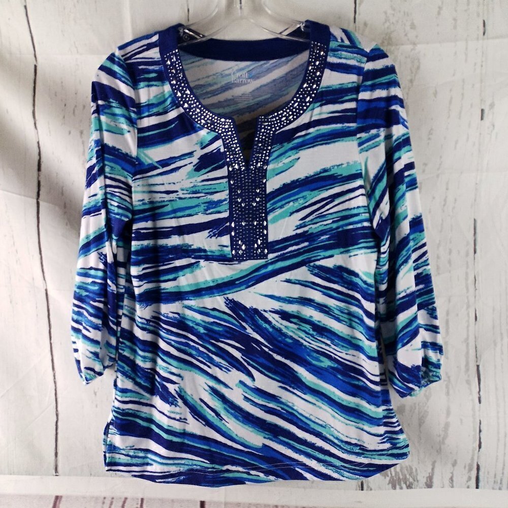 Croft & Barrow Women Knit Blouse Size S,Stripes, Multicolor, Studded Split Neck